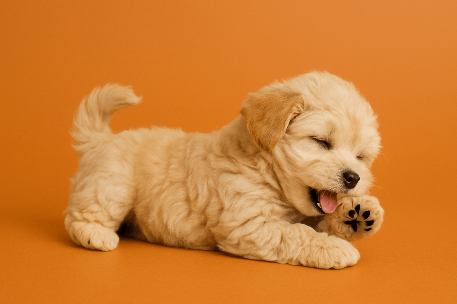 Two playful Maltipoo puppies cuddling together on a soft blanket