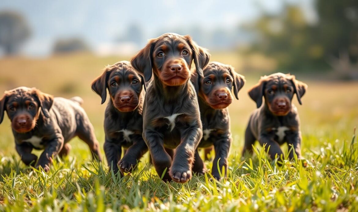Pudelpointer puppies sitting in a grassy field during training