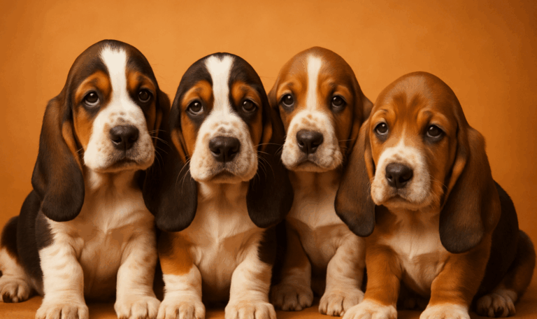 Cute bassets puppies with floppy ears and droopy eyes