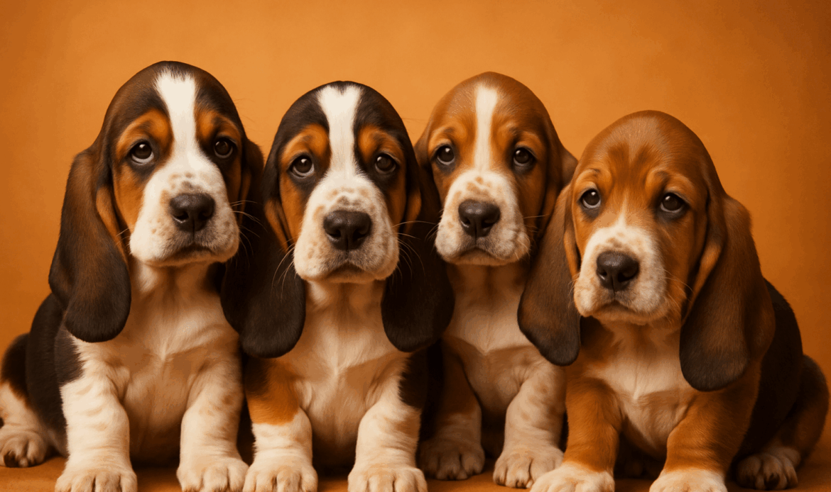 Cute bassets puppies with floppy ears and droopy eyes