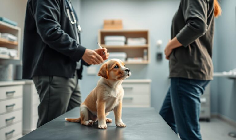 Vet administering a vaccine to a young dog as part of a puppy shot schedule