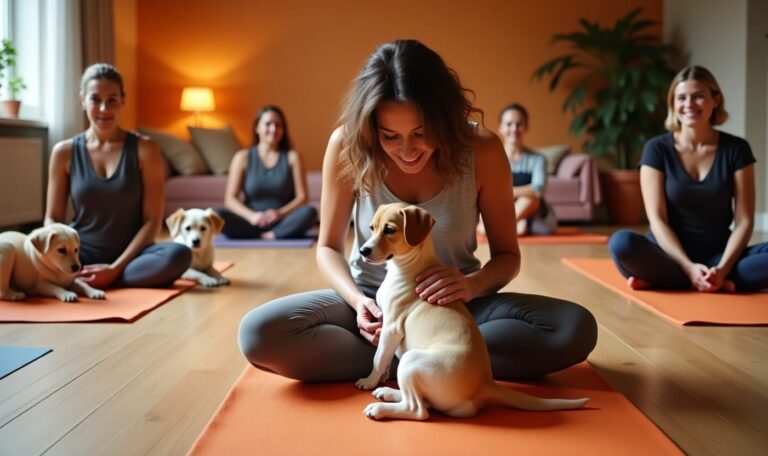 Woman practicing puppy yoga with small dog on a yoga mat indoor