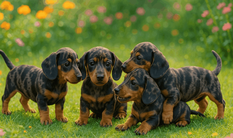Dapple Dachshund puppies with unique mottled coat sitting on grass