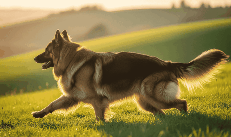 Long haired German Shepherd standing proudly in a grassy field
