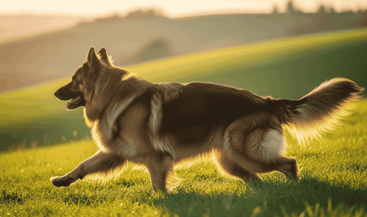 Long haired German Shepherd standing proudly in a grassy field