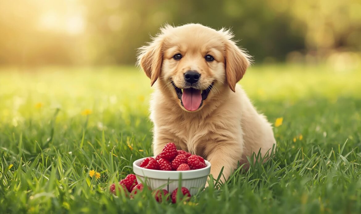 Golden retriever puppy sitting on green grass with a bowl of fresh raspberries in front.