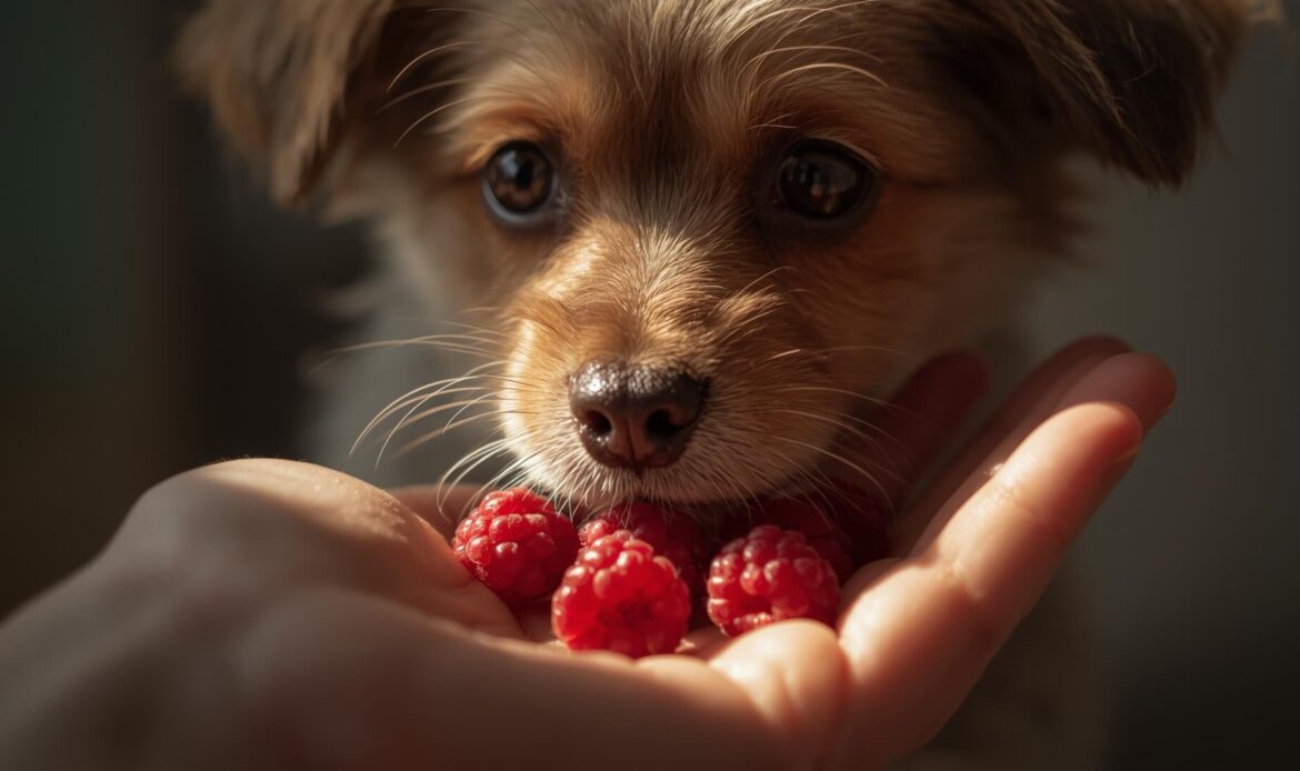 puppy with a bowl of raspberries on grass