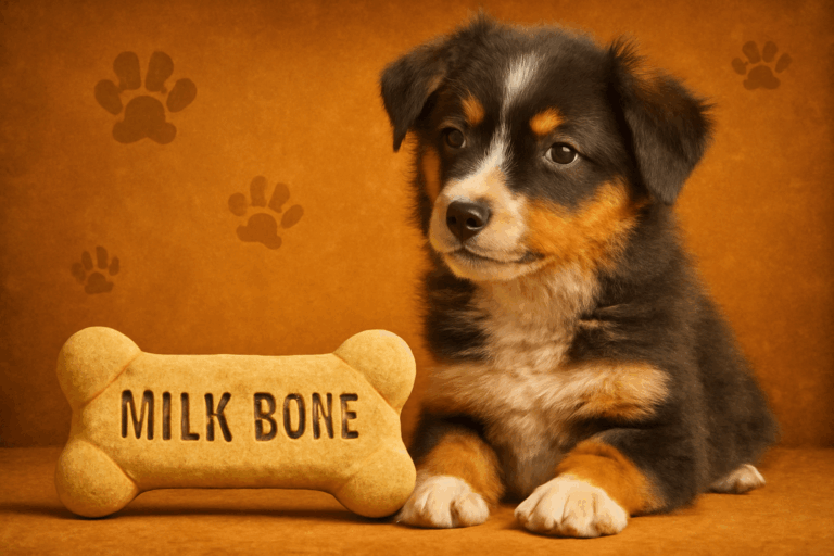 Are Milk-Bones bad for dogs? A Labrador looks at a pile of dog biscuits.