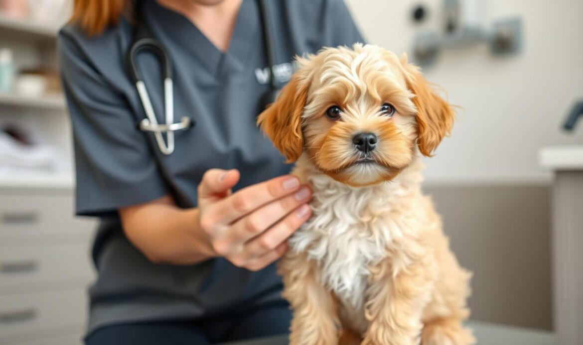 A cavapoo puppy at a veterinary checkup, highlighting the importance of regular health monitoring