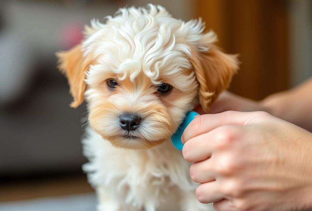 A cavapoo puppy being gently brushed, demonstrating the regular grooming needed to maintain their coat