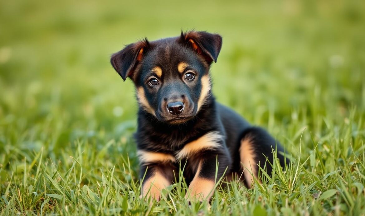 A charming Beauceron puppy sits in a soft, grassy meadow, its alert ears perked up and dark, expressive eyes conveying a captivating gaze. The pup's distinctive black and tan markings are prominently featured, with the breed's trademark thick, double coat shimmering in the warm, natural lighting. The puppy's pose exudes a playful, yet attentive demeanor, showcasing the Beauceron's inherent intelligence and loyal nature. The lush, verdant background creates a serene, idyllic setting, allowing the puppy's endearing features to take center stage and enchant the viewer.