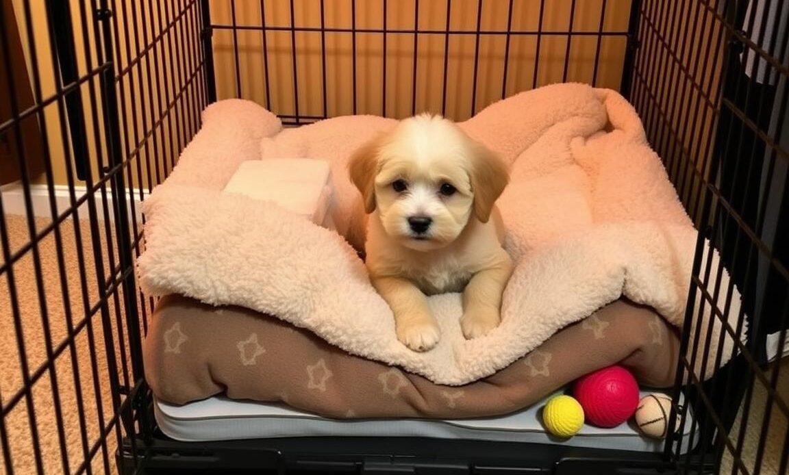 A comfortable crate setup for a cavapoo puppy with soft bedding and toys