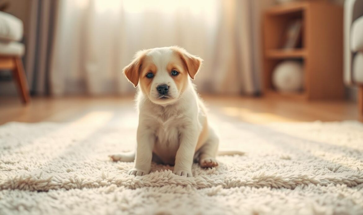 A cozy, well-lit interior scene featuring a puppy sitting on a soft, plush rug. The puppy's body language and facial expression convey a sense of comfort and contentment. The background is slightly blurred, creating a focus on the puppy's form. Warm, natural lighting casts a gentle glow, highlighting the puppy's soft, fluffy fur. The overall mood is calm and inviting, reflecting the routine nature of a puppy's healthy bowel movements.