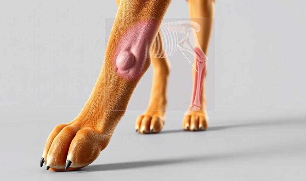 A detailed, anatomically accurate illustration of a dog's limb showcasing the key symptoms of lameness. The foreground depicts the dog's leg and paw in a close-up, high-resolution view, highlighting swelling, discoloration, and abnormal joint positioning. The middle ground features a skeletal overlay, revealing the underlying bone and muscle structures affected by the condition. The background is a clean, neutral environment, allowing the medical details to take center stage. Crisp lighting from the side casts subtle shadows, emphasizing the 3D form. The overall tone is informative and educational, designed to educate pet owners on the visual indicators of canine lameness.