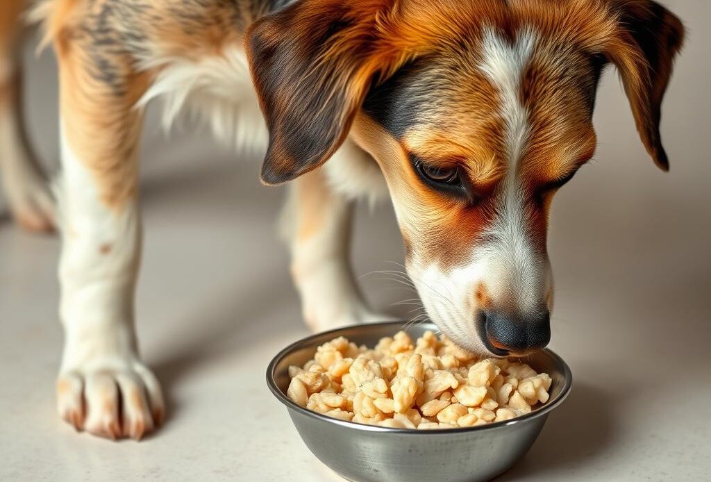 A dog eating from a bowl of bland diet food