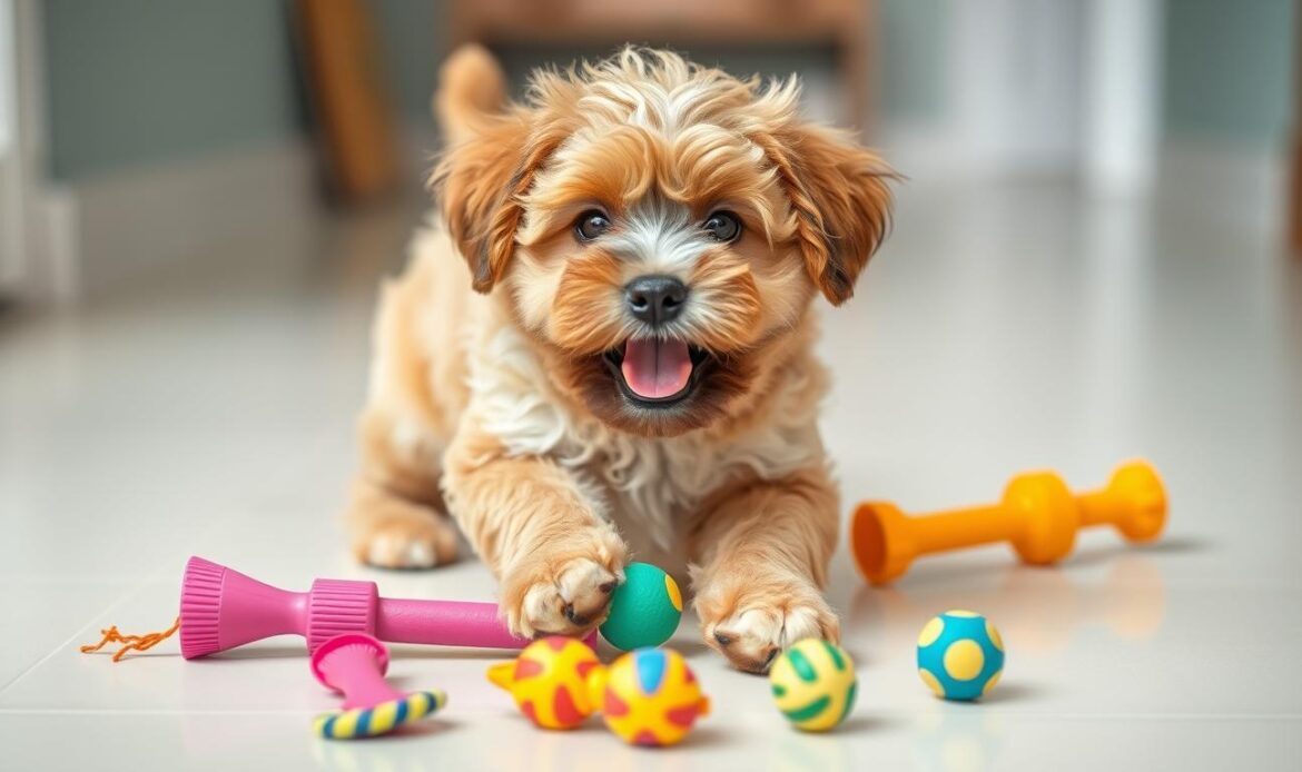 A happy cavapoo puppy playing with toys, showing their playful and energetic nature that requires proper exercise