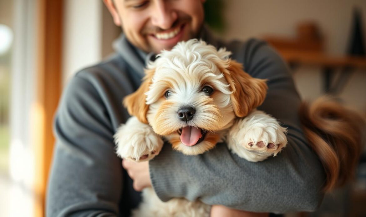 A happy cavapoo puppy with its new owner, representing the joy these dogs bring to families