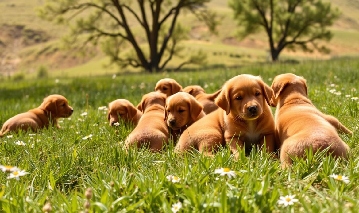 A litter of fluffy red fox Labrador retriever puppies lounging in a cozy, sun-dappled meadow. The puppies' vibrant copper-red coats and floppy ears stand out against the soft green grass and scattered wildflowers in the foreground. In the middle ground, a few playful pups tussle and tumble, their tails wagging excitedly. The background features a gently rolling hillside with a few tall, swaying trees providing dappled natural lighting. The overall mood is one of warmth, comfort, and boundless puppy energy.