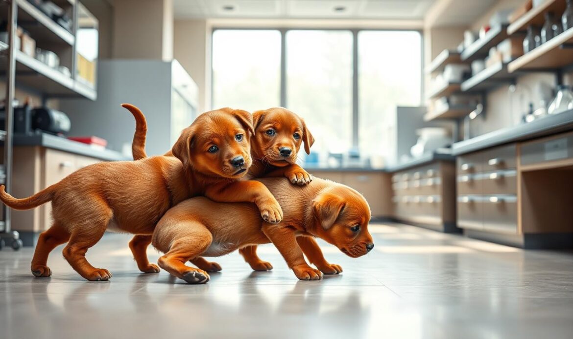 A litter of playful red fox Labrador puppies frolicking in a cozy, sun-dappled laboratory setting. In the foreground, three curious pups with rich auburn coats and pointed ears tumble over each other, their round bellies and wagging tails radiating joy. The middle ground reveals a clean, well-equipped research facility, with gleaming metal countertops and scientific instruments lending an air of discovery. The background is softly blurred, hinting at the wider world beyond the lab's warm, nurturing confines. Diffused natural light from large windows casts a gentle glow, illuminating the puppies' vibrant hues and creating an atmosphere of wonder and scientific exploration.