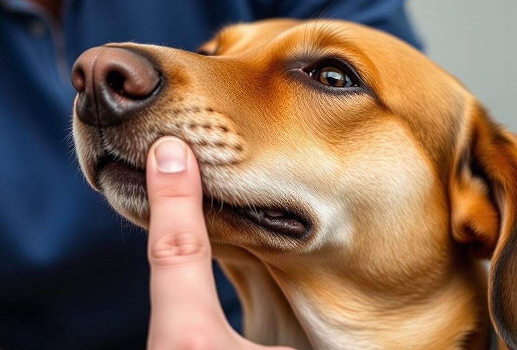 A person checking a dog's hydration by testing gum elasticity