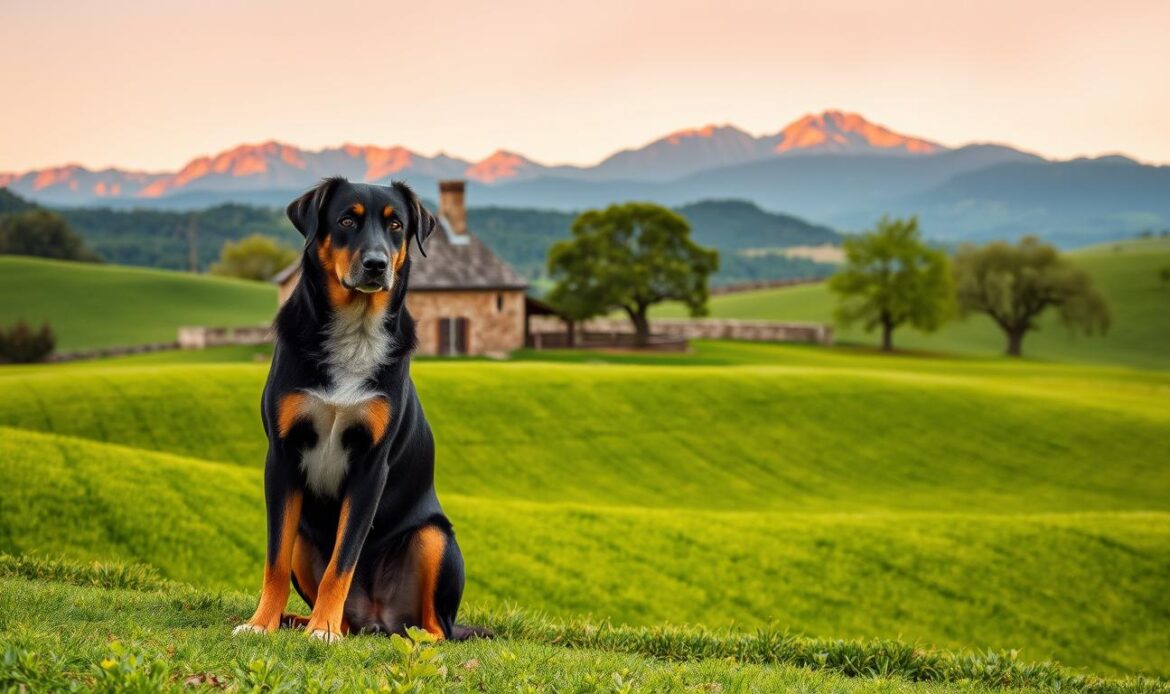 A picturesque French countryside scene, with gently rolling hills and lush, verdant fields in the foreground. In the middle ground, a traditional stone farmhouse with a slate roof, surrounded by a quaint stone wall and a few ancient oak trees. In the background, the silhouettes of the Pyrenees mountains rise majestically, bathed in warm, golden light from the setting sun. In the foreground, a Beauceron dog, its distinctive black and tan coat standing out against the vibrant greens, sits alert and attentive, its gaze fixed on the viewer, conveying the breed's intelligence, loyalty, and deep connection to its ancestral homeland.