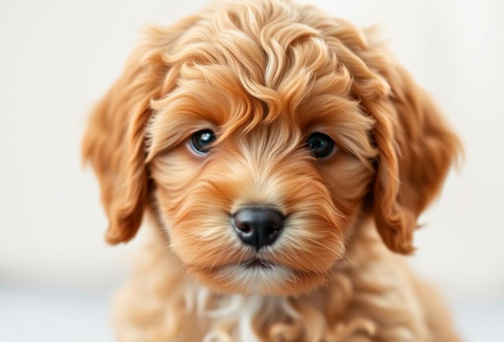 A red cavapoo puppy with its characteristic fluffy coat and expressive eyes, showcasing the breed's adorable appearance