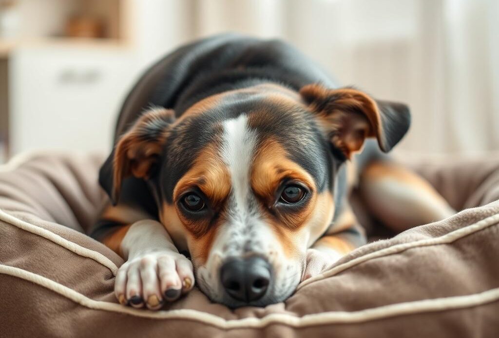 A sick dog with upset stomach lying on a dog bed looking unwell