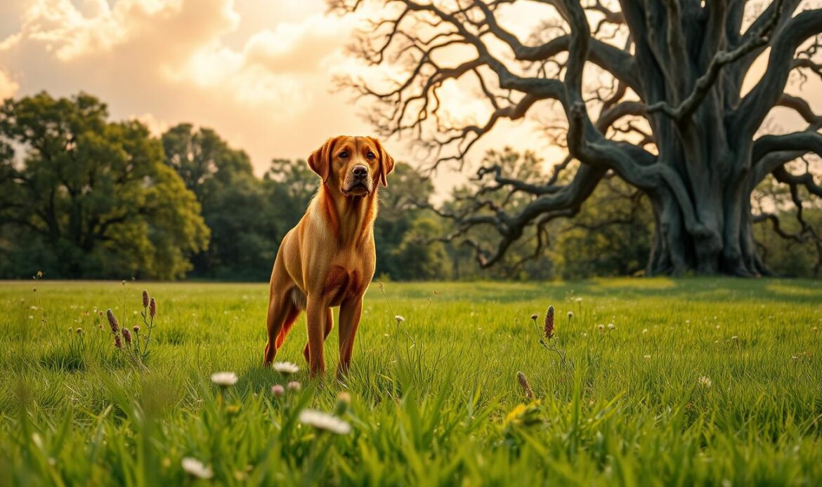 A sleek and regal red fox Labrador retriever stands majestically in a lush, verdant meadow. Its vibrant, rust-colored coat gleams in the warm, golden sunlight that filters through the fluffy, cumulus clouds overhead. The dog's muscular, athletic build and alert, intelligent gaze command attention, hinting at the breed's storied history of versatility and companionship. In the middle ground, wildflowers sway gently in a soft breeze, while towering, ancient oak trees frame the scene, their twisted branches casting gentle shadows across the peaceful landscape. The overall composition evokes a sense of timeless elegance and the noble heritage of this unique canine hybrid.
