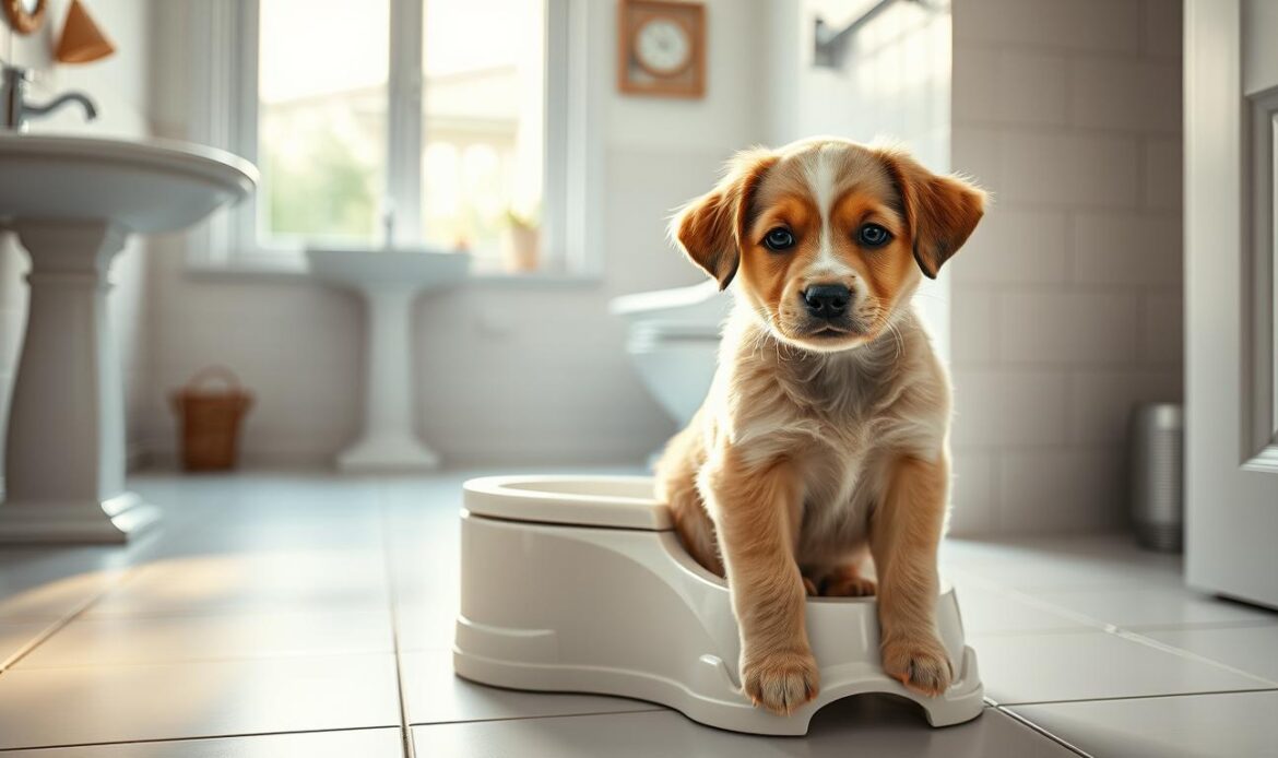 A well-lit, photorealistic scene of a puppy in a domestic bathroom setting, sitting on a miniature training toilet. The puppy has a focused, attentive expression as it begins to establish a healthy potty routine. The bathroom features bright white tiles, a pedestal sink, and a large window allowing natural light to flood the space. Soft, warm lighting highlights the puppy's soft fur and the clean, welcoming atmosphere. The composition emphasizes the puppy's size and the training toilet, conveying the importance of this developmental milestone. The scene exudes a sense of patience, guidance, and the nurturing process of potty training a young pup.