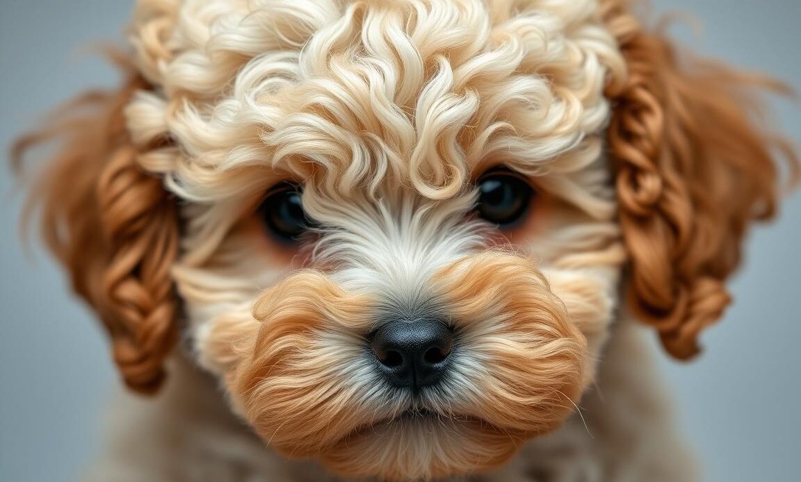 Close-up of a cavapoo puppy's curly coat, showing the hypoallergenic fur texture that makes them suitable for allergy sufferers