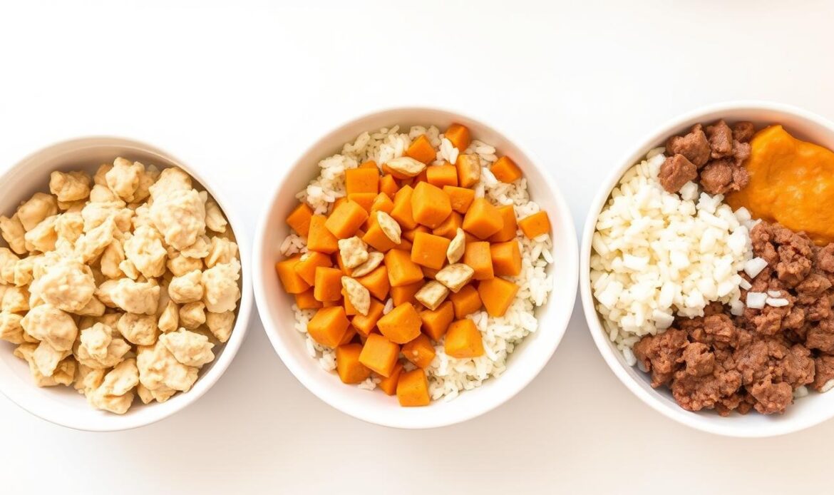 Three bowls showing different bland diet meals for a 3-day plan