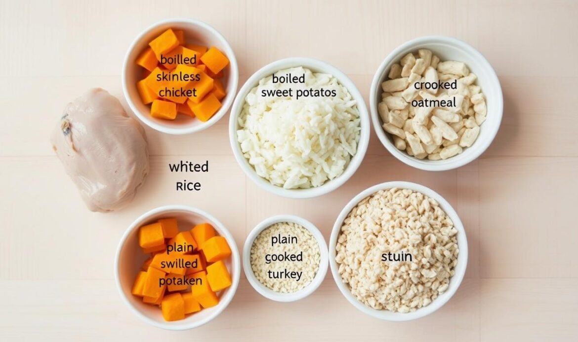 Various bland diet ingredients for dogs including chicken, rice, pumpkin, and sweet potatoes