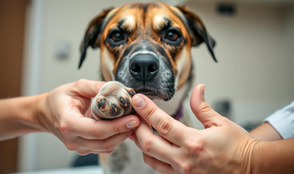 a close-up shot of a dog's front paw being examined by a veterinarian's hands, the dog's paw is slightly lifted and the veterinarian is gently pressing and manipulating it to check for signs of injury, the dog's face is visible with a concerned expression, the scene is well-lit with soft, natural lighting, the background is blurred but suggests a veterinary examination room, the mood is focused and attentive, conveying the importance of diagnosing and treating the dog's injury
